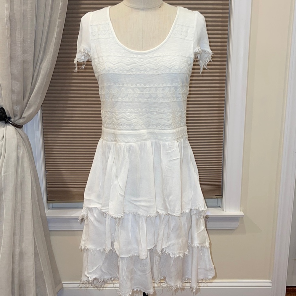 Free People Boho Ruffled Embroidered Open Back Crinkle Crepe Dress